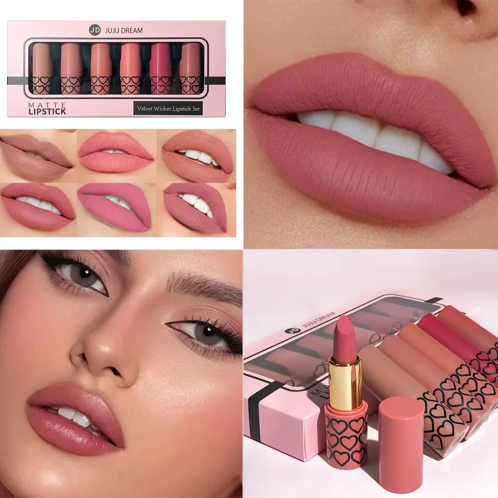 Coffret de 6 rouges à lèvres mats nude, imperméables, longue tenue, faciles à appliquer, haute pigmentation, ne tache pas les tasses, ensemble de maquillage pour les lèvres, idéal comme cadeau.