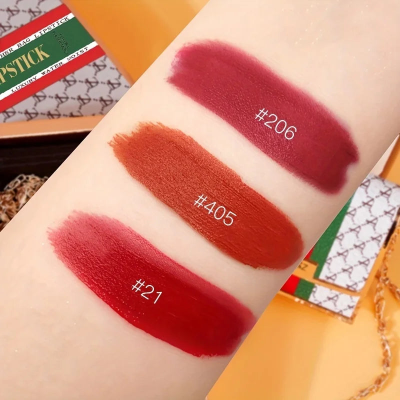 Ensemble de rouge à lèvres mat 3 couleurs, avec sac à chaîne, coffret cadeau en velours, tasse antiadhésive étanche, longue durée