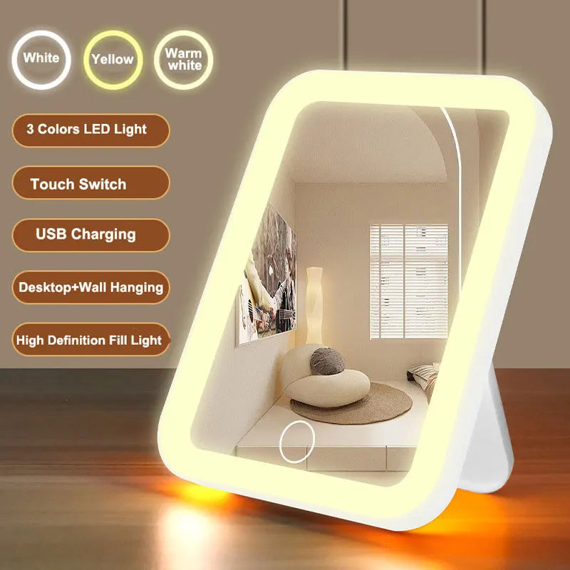 Miroir de courtoisie LED portable avec écran tactile, 3 couleurs, aste par USB, gradation, maquillage, 3 luminosités
