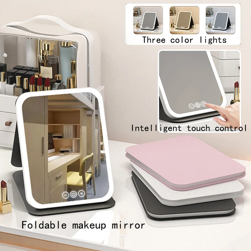 Miroir de maquillage pliable HD, contrôle tactile Intelligent, lumière tricolore réglable, miroir cosmétique LED, chargement de Type C, deux tailles
