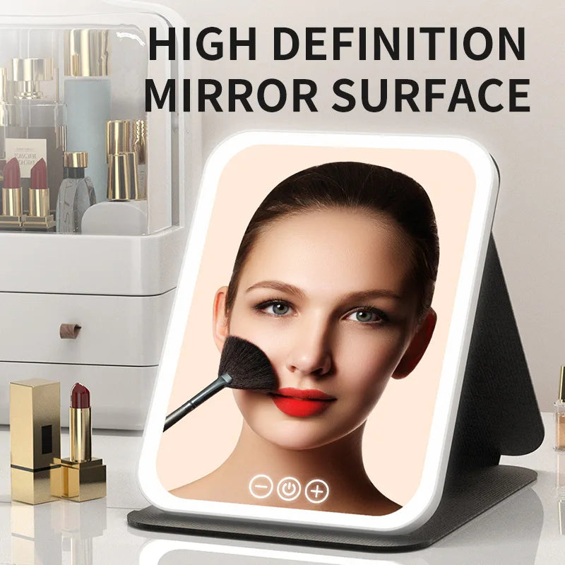 Miroir de maquillage LED portable pliable avec lumière rechargeable, miroir de maquillage de bureau, lumière de remplissage, coque en cuir