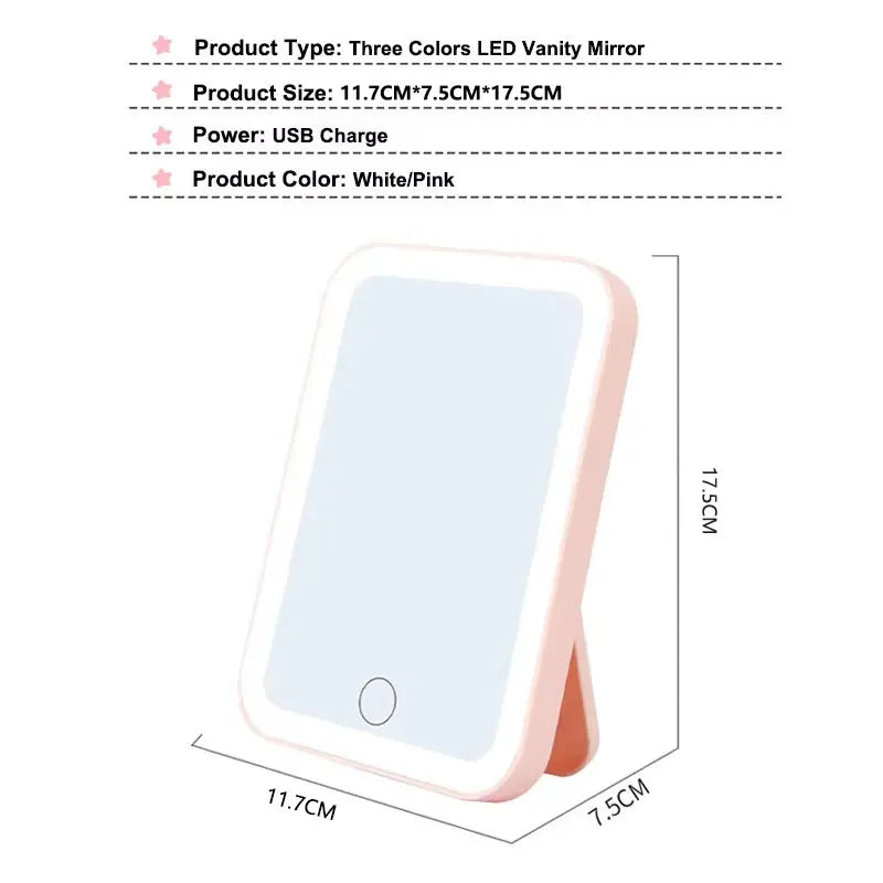 Miroir de courtoisie LED portable avec écran tactile, 3 couleurs, aste par USB, gradation, maquillage, 3 luminosités