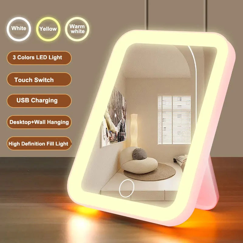 Miroir de courtoisie LED portable avec écran tactile, 3 couleurs, aste par USB, gradation, maquillage, 3 luminosités