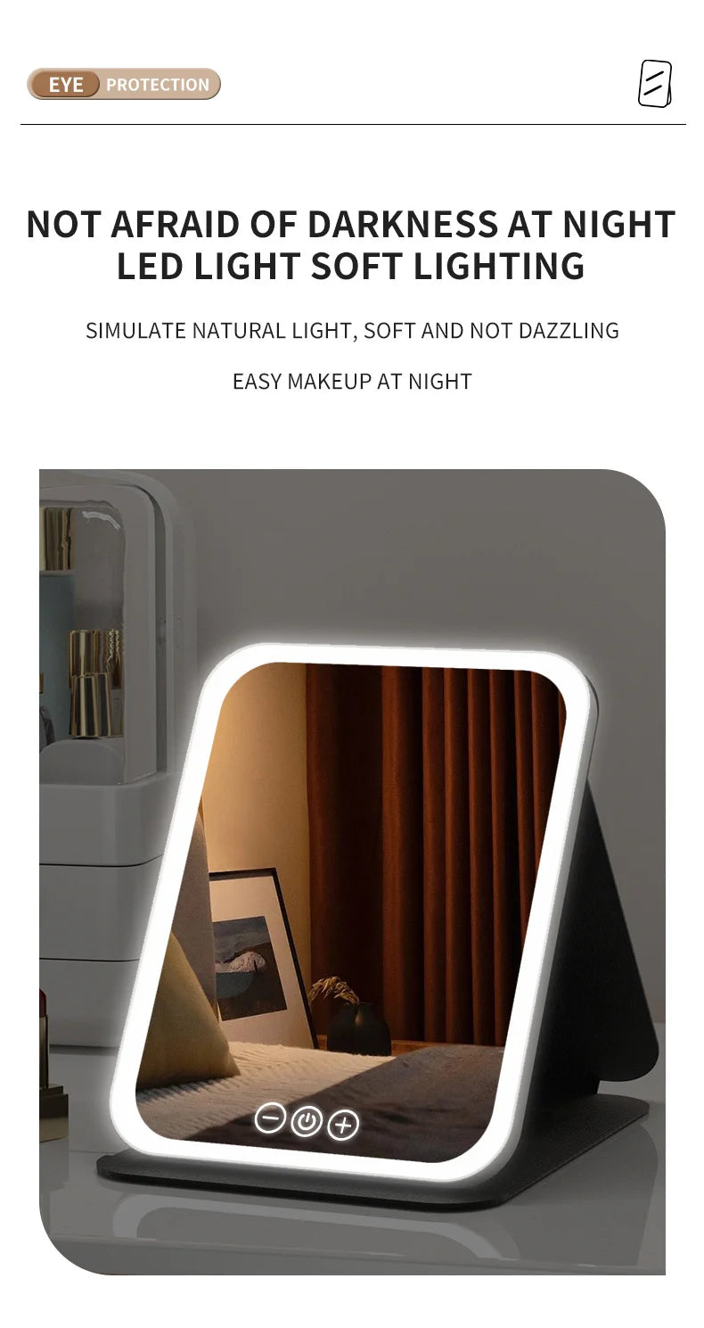 Miroir de maquillage LED portable pliable avec lumière rechargeable, miroir de maquillage de bureau, lumière de remplissage, coque en cuir