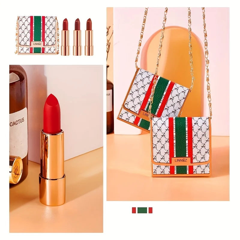 Ensemble de rouge à lèvres mat 3 couleurs, avec sac à chaîne, coffret cadeau en velours, tasse antiadhésive étanche, longue durée