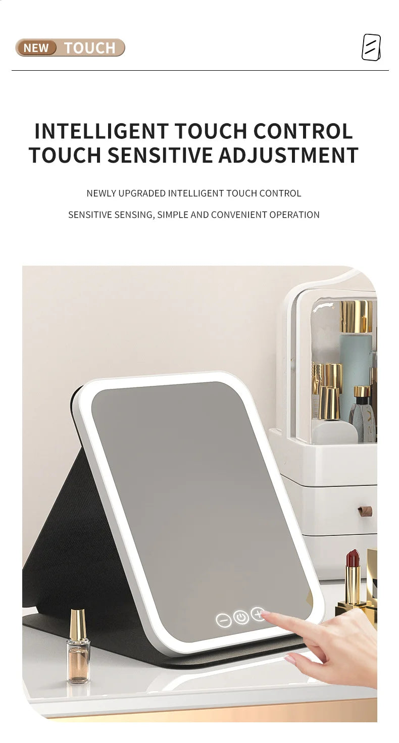 Miroir de maquillage LED portable pliable avec lumière rechargeable, miroir de maquillage de bureau, lumière de remplissage, coque en cuir