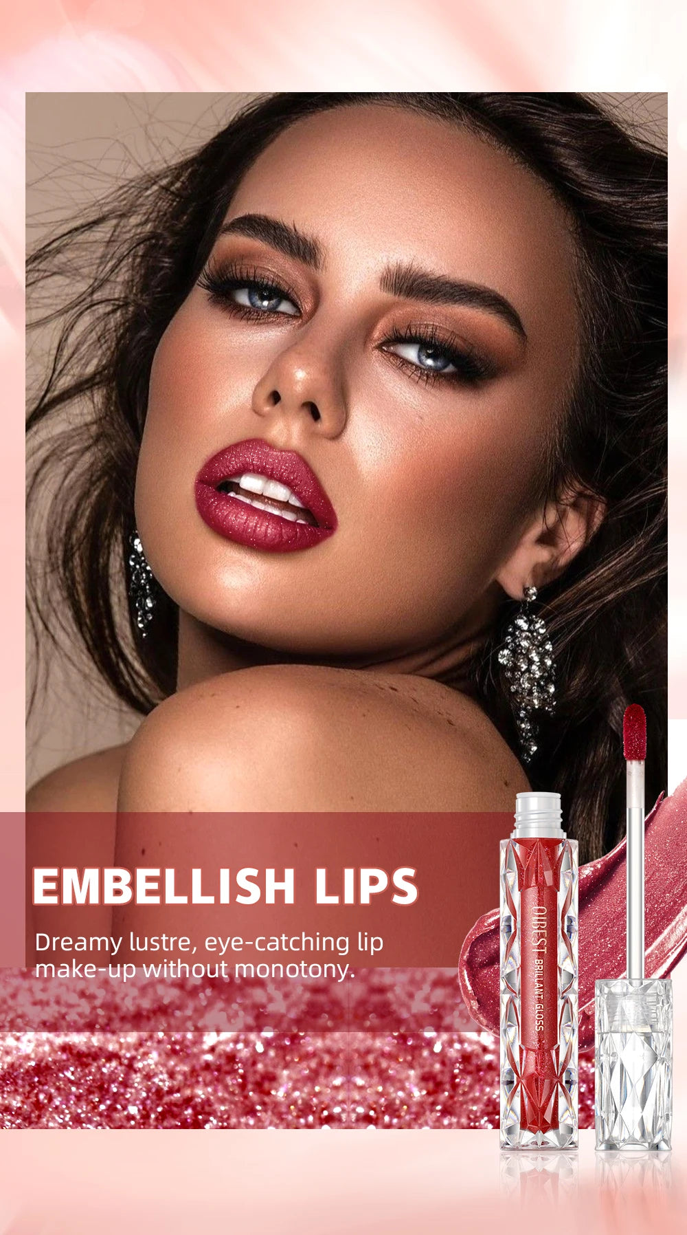 QIBEST diamant liquide rouge à lèvres hydratant longue durée violet scintillant imperméable brillant à lèvres cosmétiques mat paillettes rouge à lèvres