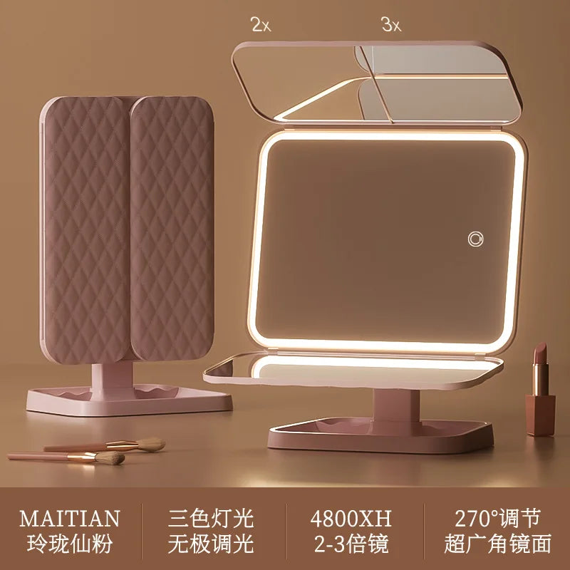 Miroir de maquillage LED portable pliable avec lumière rechargeable, miroir de maquillage de bureau, lumière de remplissage, coque en cuir