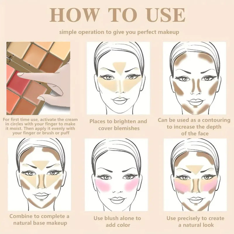 Palette de maquillage multifonctionnelle, fard à joues correcteur 12 couleurs, palette de maquillage combinée de fond de teint nourrissant et longue durée