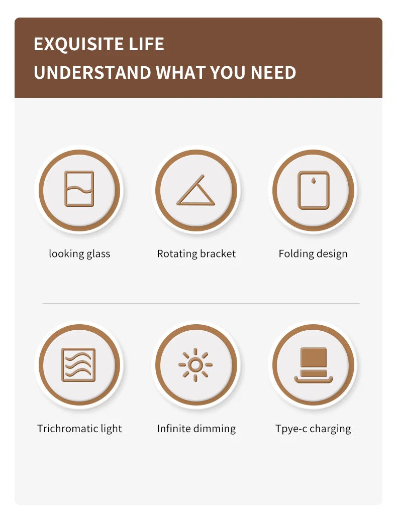 Miroir de maquillage LED portable pliable avec lumière rechargeable, miroir de maquillage de bureau, lumière de remplissage, coque en cuir