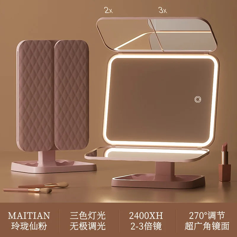 Miroir de maquillage LED portable pliable avec lumière rechargeable, miroir de maquillage de bureau, lumière de remplissage, coque en cuir